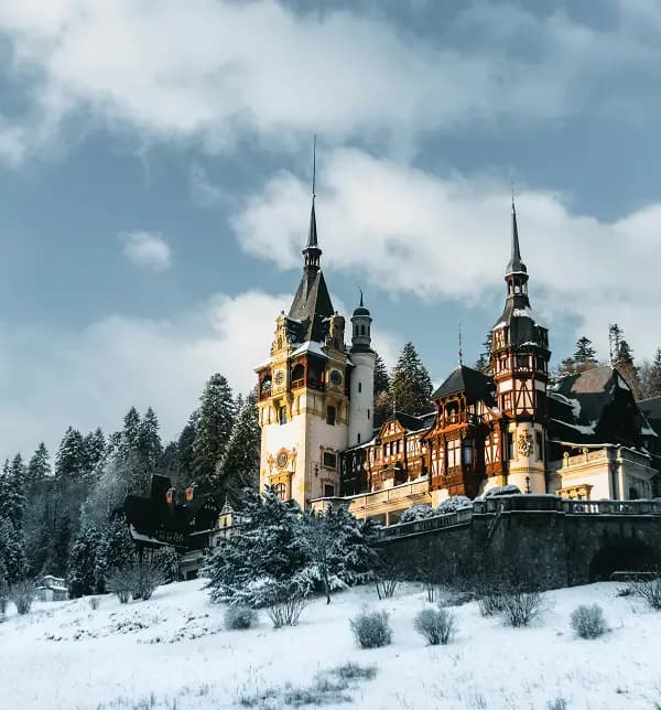 Ngôi nhà gỗ nhỏ nép giữa rừng núi Romania phủ sương sớm.
